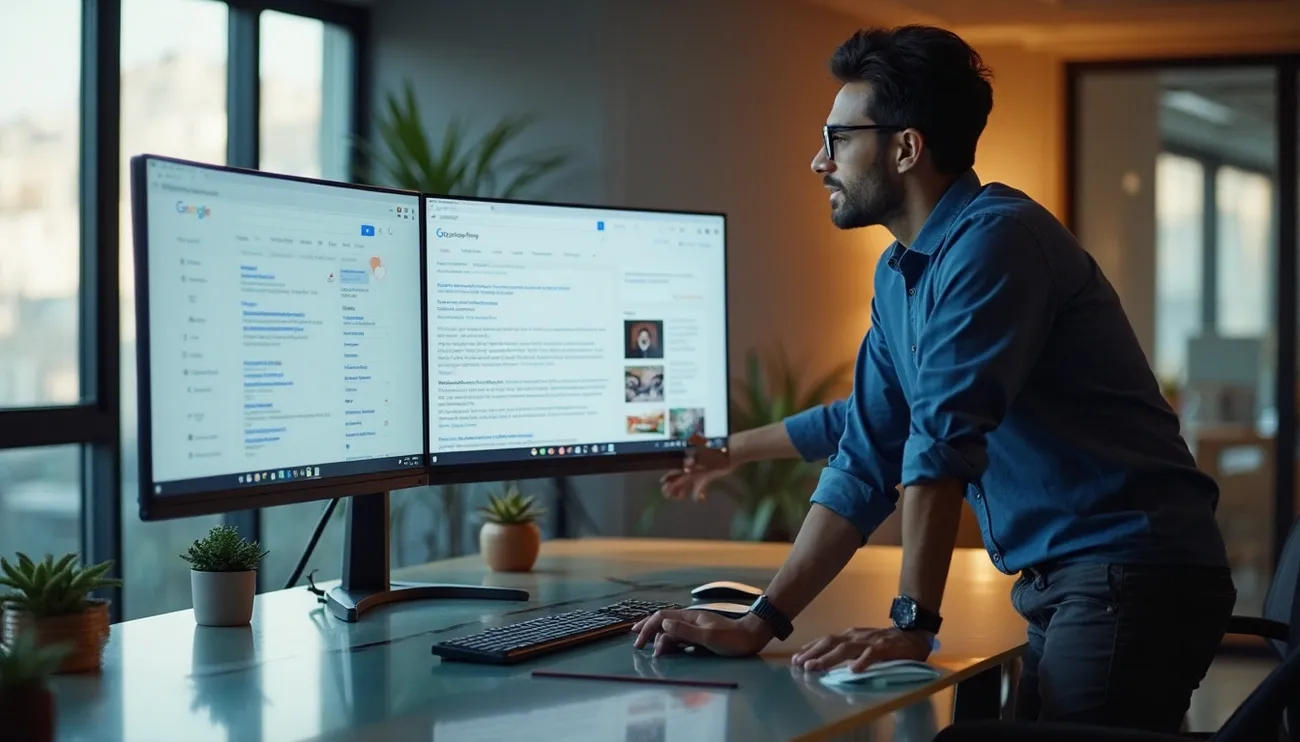 Person standing at a desk using a dual-monitor setup displaying Google search and an AI-related webpage in an office.