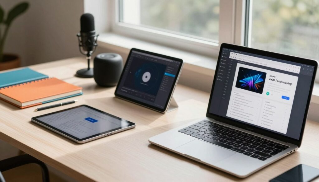 A close-up view of an organized workspace showcasing various AI tools essential for content creation. In the foreground, an array of digital gadgets like a sleek laptop, a tablet, and modern software interface screens, all displaying user-friendly designs. In the middle, a well-structured desk featuring color-coded notebooks, a smart speaker, and a high-quality microphone, symbolizing productivity and creativity. The background includes a large window with soft natural light streaming in, illuminating the space and casting gentle shadows. The overall mood is inspiring and focused, inviting viewers into a world where technology enhances creativity, ideal for marketers and creators. The composition should be shot from a slightly elevated angle to capture the workspace beautifully, emphasizing the tools without distractions.