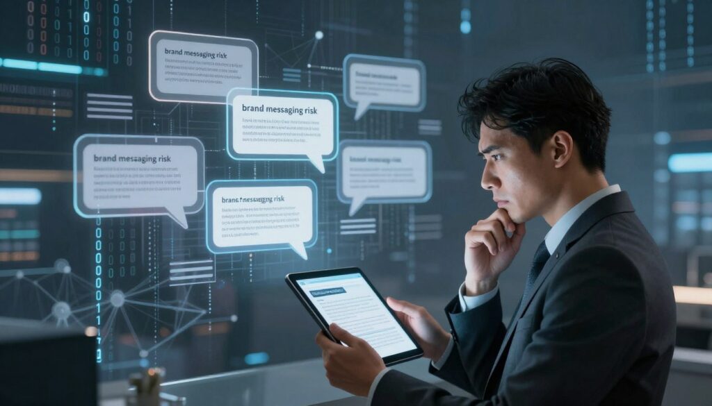 A conceptual illustration of "brand messaging risk" in the context of AI. In the foreground, a thoughtful business professional in smart business attire, looking concerned while reviewing a digital tablet that displays distorted marketing summaries. In the middle ground, various oversized, transparent speech bubbles floating with fragments of misrepresented brand messages, symbolizing confusion. The background features an abstract representation of a chaotic digital landscape, filled with floating binary code and AI neural network patterns, depicting the tension between technology and brand integrity. Soft, diffused lighting captures a sense of urgency and introspection, while a deep blue and gray color palette adds to the serious and reflective mood.