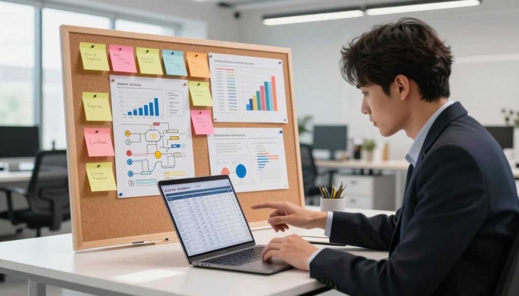 A detailed SEO audit scene showcasing a modern workspace. In the foreground, a professional person dressed in business attire, focused on analyzing data from a laptop and a large checklist on a desk. In the middle ground, a corkboard filled with colorful post-it notes, graphs, and flowcharts representing various SEO metrics and AI strategies. The background features a bright, open office with windows allowing natural light to stream in, casting soft shadows. A sleek, minimalistic design enhances the atmosphere of productivity and precision. The mood is one of concentration and thoroughness, emphasizing the importance of a complete audit in achieving optimal SEO and AI visibility. A detailed SEO audit scene showcasing a modern workspace. In the foreground, a professional person dressed in business attire, focused on analyzing data from a laptop and a large checklist on a desk. In the middle ground, a corkboard filled with colorful post-it notes, graphs, and flowcharts representing various SEO metrics and AI strategies. The background features a bright, open office with windows allowing natural light to stream in, casting soft shadows. A sleek, minimalistic design enhances the atmosphere of productivity and precision. The mood is one of concentration and thoroughness, emphasizing the importance of a complete audit in achieving optimal SEO and AI visibility.