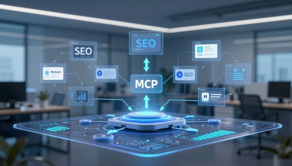 A detailed illustration of MCP architecture tailored for marketers, featuring a sleek, modern digital layout. In the foreground, a semi-transparent interface displaying interconnected nodes and analytics graphs, showcasing a central MCP hub. In the middle, visually engaging data flow arrows leading from the hub to different digital marketing tools like SEO and content analyzers. The background presents a tech-savvy office environment, with soft blue ambient lighting creating a calming atmosphere. Use a wide-angle lens effect to capture the depth and complexity of the architecture. The scene reflects innovation and clarity, inviting digital marketers to understand the MCP structure effectively. No text or additional elements should detract from the visual focus on architecture.