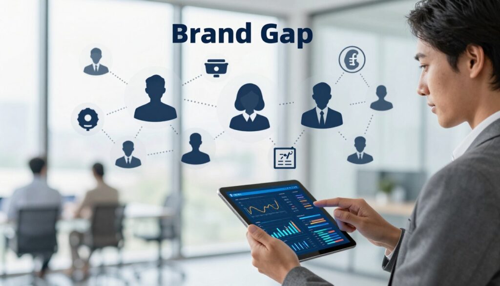 A detailed illustration of a brand gap analysis concept. In the foreground, a confident business professional in business attire, analyzing data on a digital tablet, looking thoughtfully at a vibrant digital dashboard displaying graphs and metrics. The middle ground features an abstract representation of a brand versus its audience, shown as silhouettes and icons connected by dotted lines, symbolizing gaps in visibility and engagement. The background has a blurred office environment with large windows allowing soft, natural light to flood in, creating a modern and airy atmosphere. The overall mood is analytical yet optimistic, encouraging a sense of discovery and insight into brand positioning. The image should maintain a clean aesthetic, devoid of any textual elements, ensuring focus on the visual narrative of brand gap analysis.