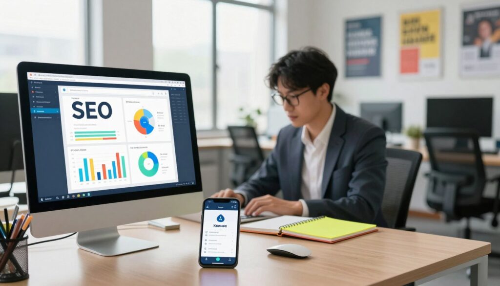 A digital workspace illustrating on-page SEO automation: in the foreground, a sleek computer monitor displays colorful graphs and analytics metrics related to web traffic and SEO performance. Next to it, a smartphone shows an app analyzing keywords in real-time. In the middle layer, a professional-looking person in business attire sits at the desk, focused on optimizing content with tools and bright notepads laid out around them. The background features large windows letting in natural light, with a modern office setting and motivational posters on the walls. The atmosphere is dynamic and productive, conveying the innovative spirit of automation in digital marketing. Soft lighting enhances the professional ambiance, while a slight depth of field directs attention to the foreground elements. A digital workspace illustrating on-page SEO automation: in the foreground, a sleek computer monitor displays colorful graphs and analytics metrics related to web traffic and SEO performance. Next to it, a smartphone shows an app analyzing keywords in real-time. In the middle layer, a professional-looking person in business attire sits at the desk, focused on optimizing content with tools and bright notepads laid out around them. The background features large windows letting in natural light, with a modern office setting and motivational posters on the walls. The atmosphere is dynamic and productive, conveying the innovative spirit of automation in digital marketing. Soft lighting enhances the professional ambiance, while a slight depth of field directs attention to the foreground elements.