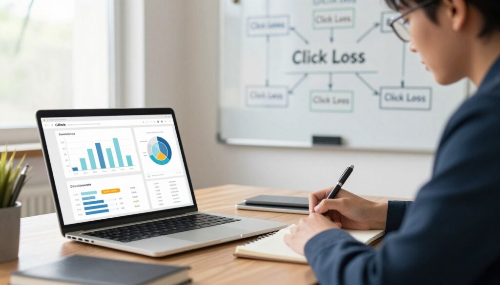 A digital workspace illustration showcasing a detailed overview of click loss metrics. In the foreground, an organized desk features a laptop displaying analytics graphs and charts related to SEO performance. In the middle, a professional business person, dressed in smart attire, is intently analyzing the data, taking notes on a notepad. Soft, natural light filters through a window, creating a warm and focused atmosphere. In the background, a wall-mounted whiteboard outlines flowcharts and strategies for measuring click loss, enhancing the sense of a strategic workspace. The overall mood is one of concentration and clarity, emphasizing the importance of accurate data interpretation in digital marketing.