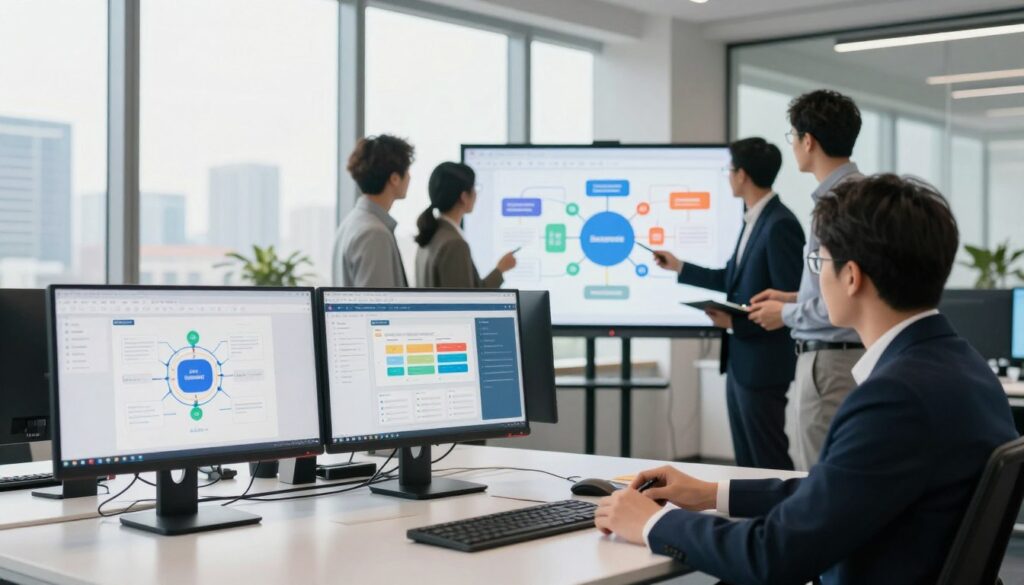 A digital workspace showcasing structured content in a corporate setting. In the foreground, a sleek, modern desk with organized digital screens displaying various data visualizations and interconnected content workflows. In the middle ground, a group of four professionals in business attire collaborating over a large touchscreen display filled with colorful diagrams illustrating an enterprise content management system. The background features floor-to-ceiling windows letting in warm, natural light, with a city skyline visible outside, symbolizing innovation and authority. The atmosphere is focused and collaborative, conveying the importance of structured content in enterprise governance, with a soft depth of field effect to enhance the subjects. Use bright and crisp lighting to emphasize the digital technology elements.