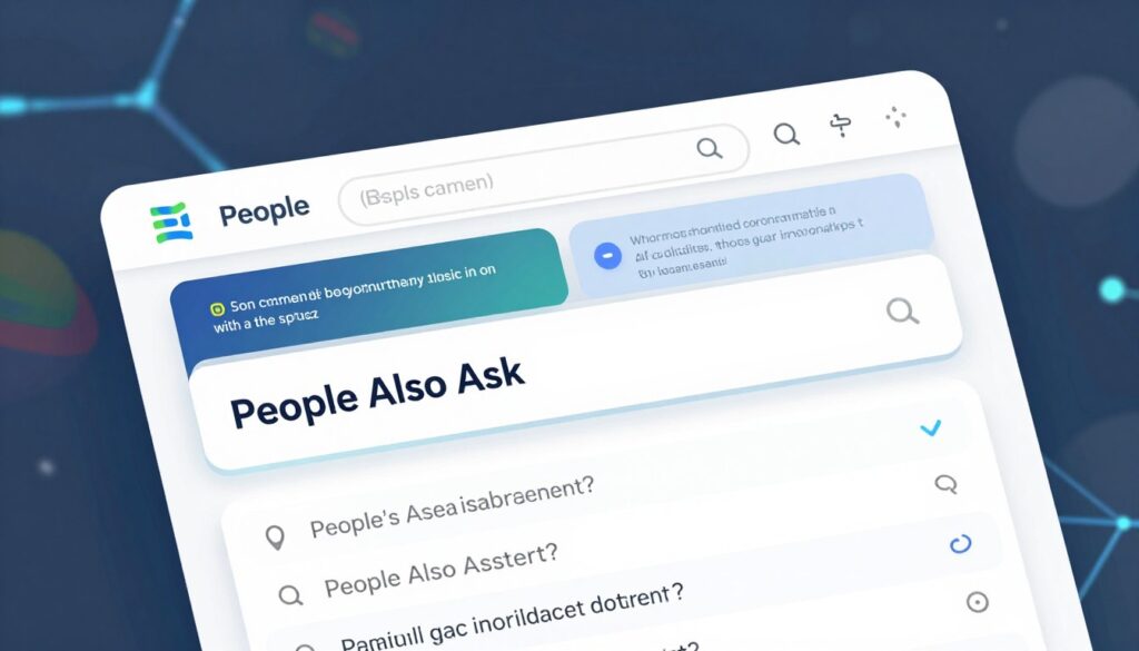 A digitally rendered illustration of a search engine results page (SERP) featuring a prominent "People Also Ask" box. In the foreground, the SERP display is highlighted, showcasing a series of commonly asked questions in sleek, modern design with clean lines and vibrant colors. The middle layer includes a subtle representation of AI overview snippets, emphasizing the overlap with the "People Also Ask" section. The background consists of a blurred, abstract depiction of a digital landscape, suggesting a vast information network. Soft, diffused lighting enhances the professional atmosphere, while a slight tilt enhances the perspective, making the SERP feel engaging and dynamic. Overall, the mood is informative and modern, ideal for illustrating the concept of SERP features alongside AI content. A digitally rendered illustration of a search engine results page (SERP) featuring a prominent "People Also Ask" box. In the foreground, the SERP display is highlighted, showcasing a series of commonly asked questions in sleek, modern design with clean lines and vibrant colors. The middle layer includes a subtle representation of AI overview snippets, emphasizing the overlap with the "People Also Ask" section. The background consists of a blurred, abstract depiction of a digital landscape, suggesting a vast information network. Soft, diffused lighting enhances the professional atmosphere, while a slight tilt enhances the perspective, making the SERP feel engaging and dynamic. Overall, the mood is informative and modern, ideal for illustrating the concept of SERP features alongside AI content.
