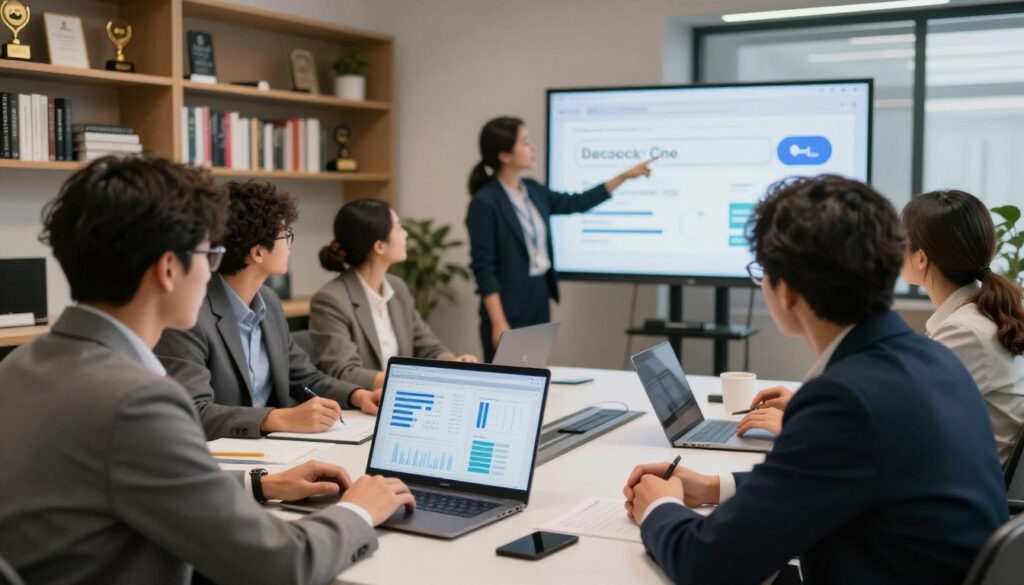 A diverse group of professional individuals engaging in discussions around technology and search engines, set in a modern office space. In the foreground, two people in business attire analyze data on a laptop, showing charts and graphs. In the middle ground, a woman pointing at a large screen displaying search engine statistics, with colleagues listening attentively. The background features shelves filled with books and awards, symbolizing knowledge and achievement. The lighting should be bright and inviting, highlighting the focus on collaboration and innovation. Use a wide-angle lens to capture the dynamic interaction between the users, creating a sense of depth and perspective. The overall mood is inspiring and forward-thinking, emphasizing the significance of audience reach in the digital era.