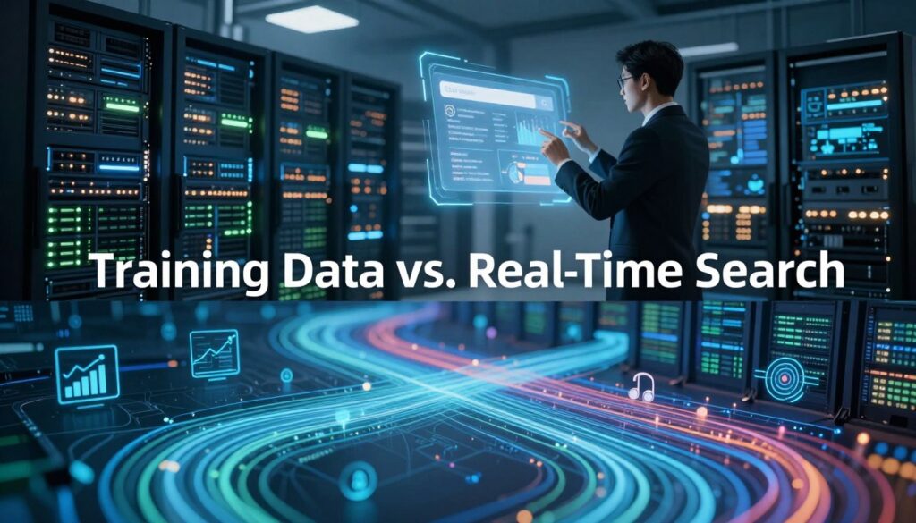 A dual-layered scene illustrating the concept of "Training Data vs. Real-Time Search". In the foreground, an abstract representation of massive datasets, depicted as vibrant streams of data flowing from servers, accompanied by icons of graphs and algorithms. In the middle section, a professional individual in business attire is seen interacting with a glowing holographic interface, displaying real-time search results and analytics. The background is a futuristic data center filled with illuminated server racks, pulsating with light. Soft, cool lighting envelops the scene, creating a tech-savvy and efficient atmosphere. The angle captures the action dynamically, emphasizing the contrast between the structured training data and the fluidity of real-time information. A dual-layered scene illustrating the concept of "Training Data vs. Real-Time Search". In the foreground, an abstract representation of massive datasets, depicted as vibrant streams of data flowing from servers, accompanied by icons of graphs and algorithms. In the middle section, a professional individual in business attire is seen interacting with a glowing holographic interface, displaying real-time search results and analytics. The background is a futuristic data center filled with illuminated server racks, pulsating with light. Soft, cool lighting envelops the scene, creating a tech-savvy and efficient atmosphere. The angle captures the action dynamically, emphasizing the contrast between the structured training data and the fluidity of real-time information.