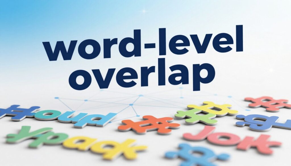 A dynamic, abstract representation of "word-level overlap," featuring colorful, interlocking pieces of paper symbolizing different phrases and ideas. In the foreground, these pieces are scattered, some overlapping slightly but mostly distinct. The middle ground depicts a subtle visual pattern of lines and nodes, representing connections between concepts, showcasing low overlap. In the background, a soft gradient of blues and whites creates a clean, professional atmosphere. The lighting is bright and even, casting soft shadows, enhancing the clarity of each paper piece. The overall mood feels analytical and thought-provoking, emphasizing divergence in language rather than similarity.