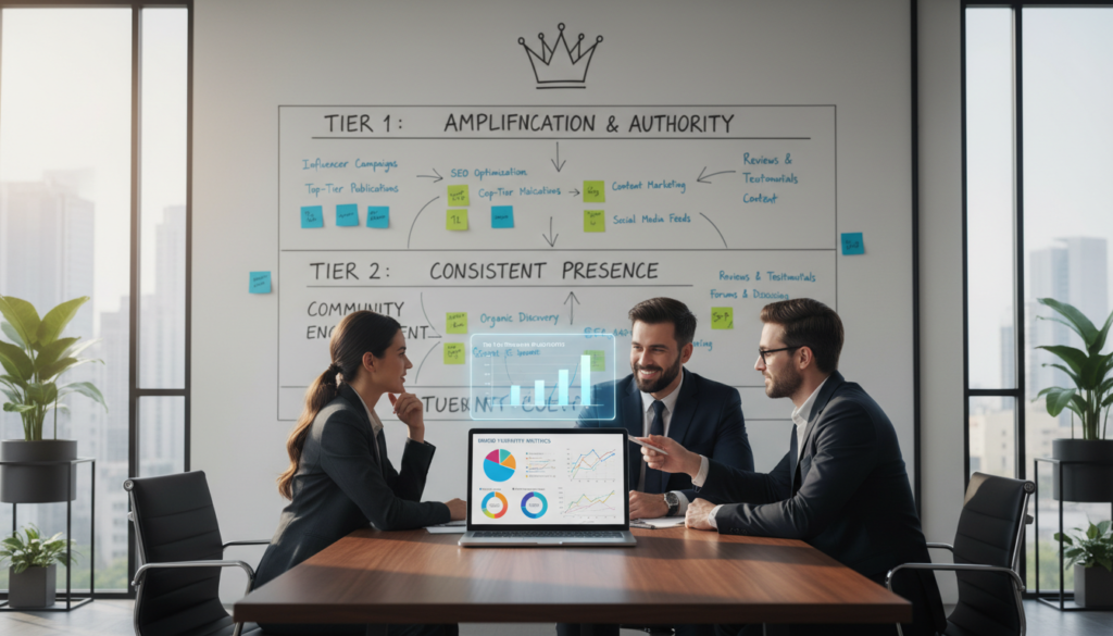 A dynamic and professional workspace showcasing the concept of brand mentions within a three-tier framework. In the foreground, a sleek, modern desk with a laptop displaying graphs and metrics related to brand visibility. A diverse group of three professionals in business attire are actively discussing strategies, with one pointing at a digital chart. In the middle, a large whiteboard outlines the three-tier framework, adorned with colorful sticky notes and diagrams symbolizing different brand mention strategies. The background features a well-lit, contemporary office environment with large windows, casting natural light that creates a bright, optimistic atmosphere. The scene captures a collaborative, strategic discussion, emphasizing the importance of data-driven insights in ranking.