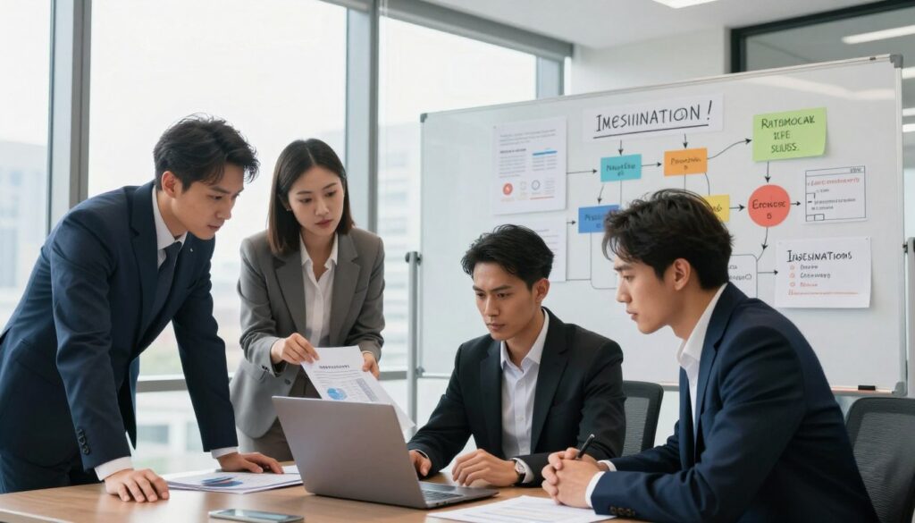 A dynamic training session focused on misinformation techniques in a modern office setting. In the foreground, a diverse group of three professionals in business attire are engaged in a brainstorming activity, examining graphs and data on a sleek laptop. The middle ground features a whiteboard filled with colorful diagrams and flowcharts depicting various training strategies and misinformation risks. The background showcases floor-to-ceiling windows with a cityscape view, letting in natural light that creates a bright and focused atmosphere. The overall mood is intense yet collaborative, emphasizing the seriousness of the topic while promoting teamwork and innovation. The angle is slightly elevated, capturing both the engaged participants and the informative elements in the environment. A dynamic training session focused on misinformation techniques in a modern office setting. In the foreground, a diverse group of three professionals in business attire are engaged in a brainstorming activity, examining graphs and data on a sleek laptop. The middle ground features a whiteboard filled with colorful diagrams and flowcharts depicting various training strategies and misinformation risks. The background showcases floor-to-ceiling windows with a cityscape view, letting in natural light that creates a bright and focused atmosphere. The overall mood is intense yet collaborative, emphasizing the seriousness of the topic while promoting teamwork and innovation. The angle is slightly elevated, capturing both the engaged participants and the informative elements in the environment.