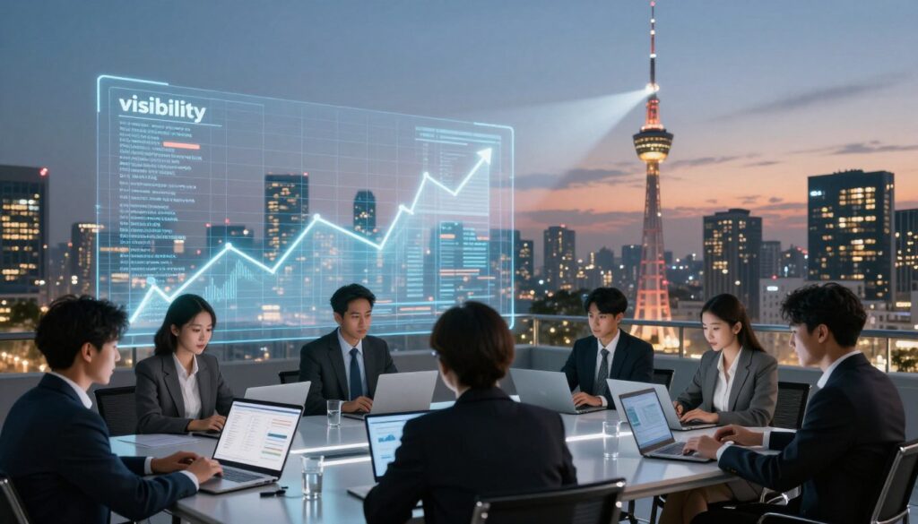 A dynamic urban landscape at twilight, illustrating the concept of "visibility" in a metaphorical manner. In the foreground, an illuminated network of diverse professionals in smart business attire collaborate at a sleek conference table, their laptops displaying graphs and citation patterns. The middle ground features a transparent digital screen showcasing rising trend lines and citation data that appear to glow, symbolizing clarity and insight. In the background, a bustling city skyline with a prominent broadcasting tower beams out bright lights, representing the dissemination of information. The atmosphere is one of focus and innovation, captured with soft, warm lighting to evoke a sense of inspiration and trust. Use a wide-angle lens for an expansive view, highlighting both the professionals and the vibrant city life around them.