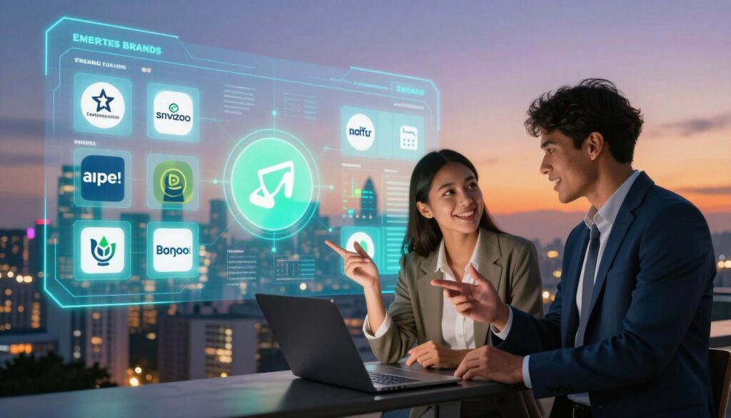 A dynamic visual representation of emerging brands breaking through in a digital landscape. In the foreground, two diverse professionals, a woman in smart casual attire and a man in formal business wear, are engaged in a lively discussion beside a sleek laptop. In the middle ground, a vibrant digital interface displays various brand logos and social media metrics glowing with a bright blue and green hue, suggesting freshness and innovation. The background features a city skyline at twilight, illuminated with a soft orange and purple sunset, conveying optimism and potential. The lighting is warm and inviting, casting gentle shadows, and the angle captures both the professionals and the digital landscape, creating a sense of upward movement and growth. The mood is energetic and hopeful, representing the drive of small brands making their mark in a competitive space.