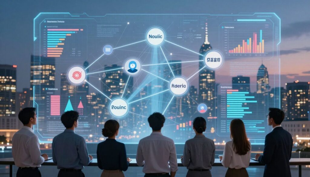 A dynamic, visually appealing infographic depicting the flow of web traffic and referral data. In the foreground, illustrate a group of diverse professionals in business attire analyzing a large, futuristic digital screen displaying colorful graphs and charts related to referral traffic and concentration of web visitors. In the middle, show a network of interconnected nodes representing popular websites and brands, with light beams connecting them to indicate traffic movement. The background features a blurred city skyline at twilight, illuminated by soft, ambient lighting. The mood should convey a sense of innovation and collaboration, emphasizing the importance of referrals in digital marketing. The image should be sharp and well-composed, captured as if through a wide-angle lens.
