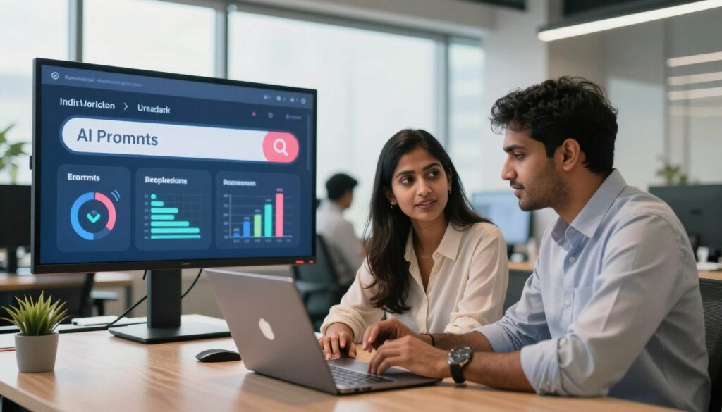 A dynamic workspace showcasing a diverse group of professionals engaged in brainstorming and collaboration on AI prompts and customer search scenarios. In the foreground, two individuals—one South Asian woman in a smart blouse and one Indian man in a tailored shirt—discuss ideas over a laptop. In the middle, a large digital screen displays colorful graphics representing data analytics and search trends in India. The background features a bright, modern office space with large windows allowing natural light to flood in, creating an optimistic atmosphere. Soft shadows enhance the depth, with a warm color palette to evoke creativity and teamwork. The scene conveys a sense of innovation and strategic planning in the tech industry. A dynamic workspace showcasing a diverse group of professionals engaged in brainstorming and collaboration on AI prompts and customer search scenarios. In the foreground, two individuals—one South Asian woman in a smart blouse and one Indian man in a tailored shirt—discuss ideas over a laptop. In the middle, a large digital screen displays colorful graphics representing data analytics and search trends in India. The background features a bright, modern office space with large windows allowing natural light to flood in, creating an optimistic atmosphere. Soft shadows enhance the depth, with a warm color palette to evoke creativity and teamwork. The scene conveys a sense of innovation and strategic planning in the tech industry.