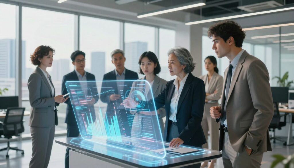 A futuristic digital landscape illustrating the concept of AI overviews changing frequently. In the foreground, depict a sleek, transparent holographic interface displaying dynamic charts and graphs, symbolizing data updates. The middle layer features a diverse group of professionals in smart business attire, intently discussing the information while interacting with the holographic display, showing a mix of focus and curiosity. In the background, a modern office environment with large windows reveals a city skyline, bathed in soft, natural light that creates a bright and optimistic atmosphere. The scene conveys a sense of urgency and innovation, emphasizing the rapid evolution of AI insights. Use a wide-angle lens for a clear, immersive perspective.