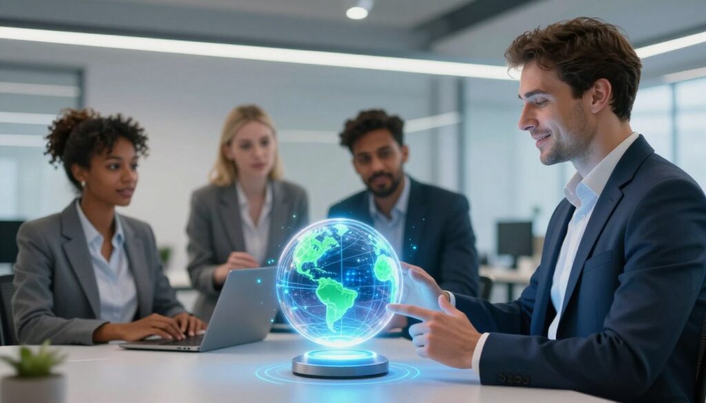 A futuristic digital representation of Google Assistant as a sleek, friendly virtual assistant. In the foreground, a glowing, translucent orb symbolizes the AI, with vibrant blue and green lights emanating from it, suggesting intelligence and connectivity. In the middle, a diverse group of three professionals, dressed in smart business attire, are interacting with the assistant on a high-tech interface, showcasing curiosity and engagement. The background features a modern office space with soft gradient lighting, emphasizing a cutting-edge technological environment. The atmosphere should feel innovative and collaborative, evoking a sense of trust and efficiency in AI technology. Use a wide-angle lens to capture deep focus on the human elements while the AI orb radiates visually, creating a lively, inviting scene. A futuristic digital representation of Google Assistant as a sleek, friendly virtual assistant. In the foreground, a glowing, translucent orb symbolizes the AI, with vibrant blue and green lights emanating from it, suggesting intelligence and connectivity. In the middle, a diverse group of three professionals, dressed in smart business attire, are interacting with the assistant on a high-tech interface, showcasing curiosity and engagement. The background features a modern office space with soft gradient lighting, emphasizing a cutting-edge technological environment. The atmosphere should feel innovative and collaborative, evoking a sense of trust and efficiency in AI technology. Use a wide-angle lens to capture deep focus on the human elements while the AI orb radiates visually, creating a lively, inviting scene.