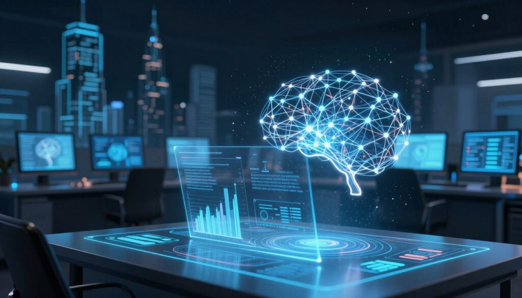 A futuristic digital workspace filled with intricate neural networks symbolizing large language models processing vast amounts of text data. In the foreground, a holographic display shows dynamic graphs and algorithms, illustrating the selection of information. The middle ground features a sleek, modern workstation with sophisticated computer screens emanating a soft blue glow, casting gentle reflections. In the background, faint silhouettes of abstract data structures rise like towering skyscrapers against a dark, starry expanse, creating an atmosphere of advanced technology and discovery. The lighting is ambient, with a subtle contrast between the glowing screens and the darker elements. The mood is one of innovation and insight, capturing the essence of AI and its capabilities. A futuristic digital workspace filled with intricate neural networks symbolizing large language models processing vast amounts of text data. In the foreground, a holographic display shows dynamic graphs and algorithms, illustrating the selection of information. The middle ground features a sleek, modern workstation with sophisticated computer screens emanating a soft blue glow, casting gentle reflections. In the background, faint silhouettes of abstract data structures rise like towering skyscrapers against a dark, starry expanse, creating an atmosphere of advanced technology and discovery. The lighting is ambient, with a subtle contrast between the glowing screens and the darker elements. The mood is one of innovation and insight, capturing the essence of AI and its capabilities.