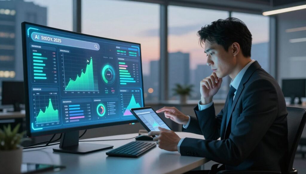 A futuristic digital workspace showcasing AI SEO statistics that define search behavior in 2025. In the foreground, a sleek holographic display with vibrant graphs and charts illustrating key statistics, glowing in shades of blue and green. In the middle, a modern office setting with a professional individual in business attire, analyzing the data on a high-tech tablet, deep in thought. The background features large windows overlooking a cityscape at dusk, with soft ambient lighting creating a productive atmosphere. The overall mood is insightful and innovative, emphasizing the intersection of technology and search analytics. The composition is well-balanced, with a focus on the data visualization and the professional's engagement with the information.