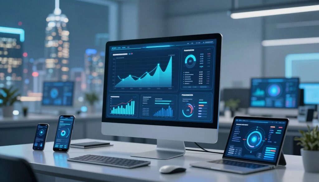A futuristic digital workspace showcasing AI visibility metrics. In the foreground, a sleek, modern desktop with holographic displays presenting data visualizations like graphs, charts, and analytics dashboards. The middle ground includes soft-focus elements like smartphones and tablets displaying AI performance metrics. In the background, a high-tech cityscape with glowing buildings reflects technological advancement. The scene is bathed in cool blue and white lighting, creating a professional and innovative atmosphere. The lens captures a slight depth of field, emphasizing the foreground elements while the background remains subtly blurred. The mood conveys progress and clarity, suitable for a sophisticated audience in the AI field.