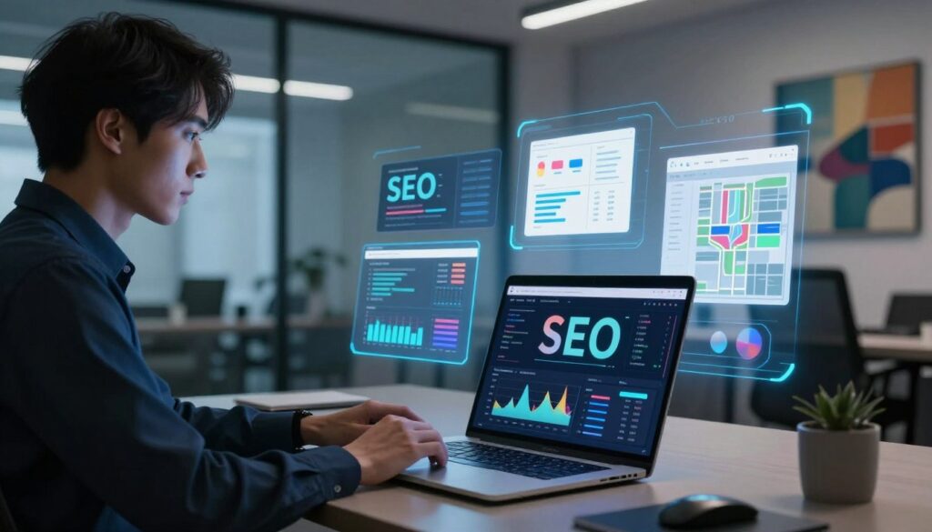 A futuristic digital workspace showcasing technical SEO. In the foreground, a sleek laptop displaying an intricate SEO audit dashboard with colorful graphs and data metrics. To the left, a professional in smart attire, focused on analyzing the data, their face illuminated by the screen's glow. In the middle layer, various SEO tools represented as holographic interfaces, including site speed metrics and sitemap visualizations, floating above the desk. The background shows a modern office with glass walls, soft ambient lighting creating a calm atmosphere, and abstract art related to technology on the walls. The composition captures a sense of innovation and collaboration between AI and SEO tools, emphasizing the merging of technology and strategy. A futuristic digital workspace showcasing technical SEO. In the foreground, a sleek laptop displaying an intricate SEO audit dashboard with colorful graphs and data metrics. To the left, a professional in smart attire, focused on analyzing the data, their face illuminated by the screen's glow. In the middle layer, various SEO tools represented as holographic interfaces, including site speed metrics and sitemap visualizations, floating above the desk. The background shows a modern office with glass walls, soft ambient lighting creating a calm atmosphere, and abstract art related to technology on the walls. The composition captures a sense of innovation and collaboration between AI and SEO tools, emphasizing the merging of technology and strategy.