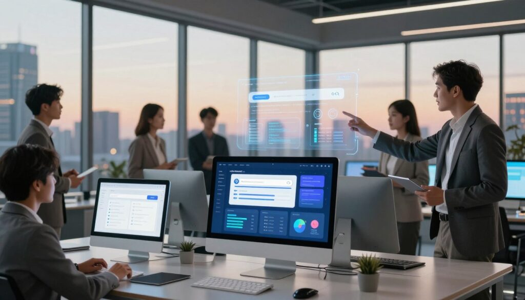 A futuristic digital workspace showcasing various AI-powered search platforms. In the foreground, a sleek computer with a high-resolution screen displays vibrant visualizations of search algorithms and analytics, surrounded by interactive widgets. In the middle ground, diverse professionals in business attire discuss strategies, pointing at holographic interfaces that represent different search platforms. The background features a modern city skyline through large glass windows, illuminated by a soft sunset glow, creating an innovative and optimistic atmosphere. Use warm, inviting lighting to enhance the focus on the professionals and their technology, captured from a slightly low angle to emphasize the dynamic environment and the significance of optimizing platforms for AI-powered search.
