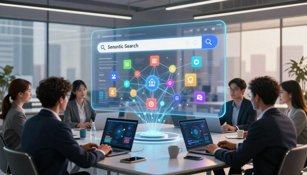 A futuristic office environment showcasing semantic search technology in action. In the foreground, a diverse group of professionals, dressed in business attire, collaborate around a sleek, modern table with digital devices displaying interconnected data points. In the middle, a large transparent screen displays a dynamic visualization of semantic search results, illustrating relationships between concepts with vibrant colors and floating icons. The background features a glass wall with city views, bathed in warm, natural light, enhancing a sense of innovation and productivity. The atmosphere is collaborative and energetic, reflecting a seamless integration of AI technology in real-world applications across various industries. The image should evoke a sense of advancement and relevance in search technology. A futuristic office environment showcasing semantic search technology in action. In the foreground, a diverse group of professionals, dressed in business attire, collaborate around a sleek, modern table with digital devices displaying interconnected data points. In the middle, a large transparent screen displays a dynamic visualization of semantic search results, illustrating relationships between concepts with vibrant colors and floating icons. The background features a glass wall with city views, bathed in warm, natural light, enhancing a sense of innovation and productivity. The atmosphere is collaborative and energetic, reflecting a seamless integration of AI technology in real-world applications across various industries. The image should evoke a sense of advancement and relevance in search technology.