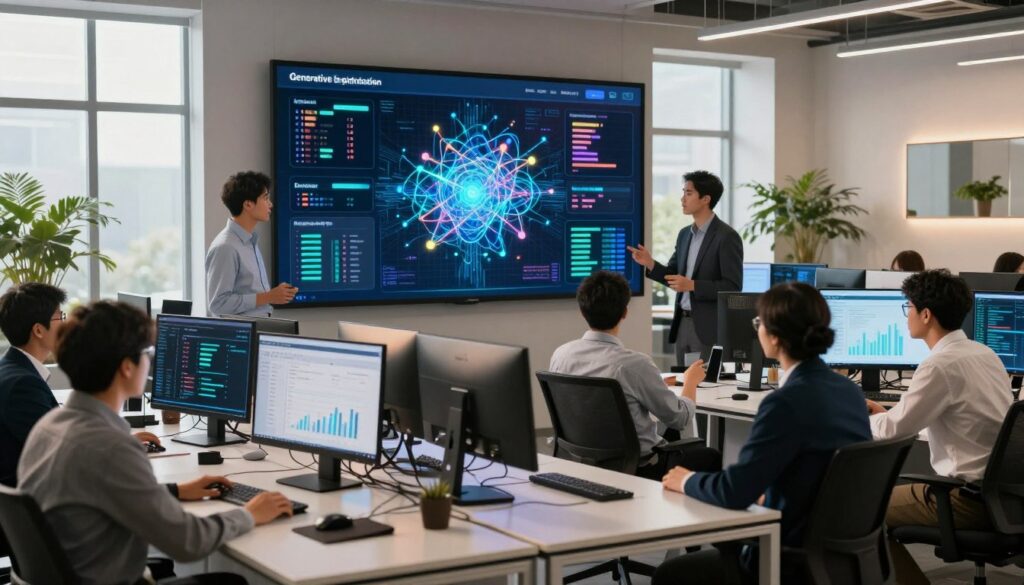 A modern, creative workspace filled with vibrant digital screens displaying complex algorithms and data visualizations related to Generative Engine Optimization. In the foreground, a diverse group of professionals in business attire, engaged in discussions, analyzing graphs and charts. In the middle ground, a large digital display showcasing an abstract representation of AI-driven discovery, with visual elements like neural networks and data flow patterns. The background includes sleek, minimalistic office design and potted plants to create an inviting atmosphere. Soft, natural lighting streams through large windows, casting warm tones over the scene. The mood is energetic and collaborative, encapsulating the transformative potential of AI in enhancing search engine optimization techniques. A modern, creative workspace filled with vibrant digital screens displaying complex algorithms and data visualizations related to Generative Engine Optimization. In the foreground, a diverse group of professionals in business attire, engaged in discussions, analyzing graphs and charts. In the middle ground, a large digital display showcasing an abstract representation of AI-driven discovery, with visual elements like neural networks and data flow patterns. The background includes sleek, minimalistic office design and potted plants to create an inviting atmosphere. Soft, natural lighting streams through large windows, casting warm tones over the scene. The mood is energetic and collaborative, encapsulating the transformative potential of AI in enhancing search engine optimization techniques.