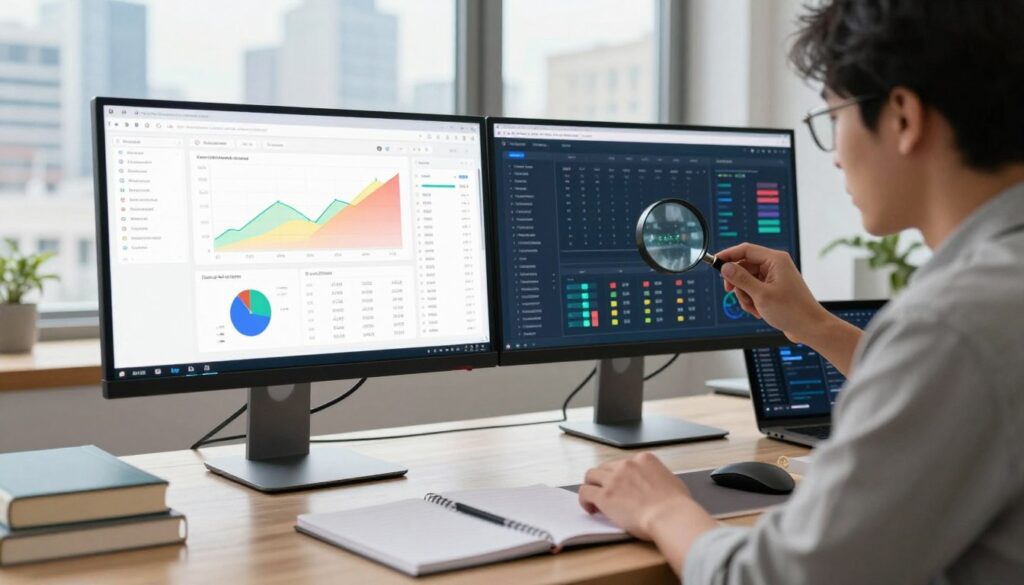 A modern digital workspace, featuring a sleek desktop with two monitors displaying colorful graphs and keyword analytics, emphasizing search engine optimization data. In the foreground, a professional in smart casual attire is intently analyzing the data, using a magnifying glass to inspect keyword performance metrics. The middle ground showcases an organized workspace with notepads, a laptop, and SEO-related books, while the background presents large windows with a city skyline, letting in soft natural light, creating a productive and inspirational atmosphere. The scene conveys a sense of focus, innovation, and analytical thinking, perfect for illustrating keyword research tools in the context of SEO strategy.