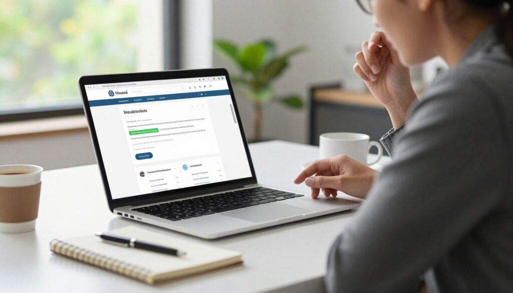 A modern digital workspace featuring a sleek laptop displaying a website with highlighted citations and shareable links related to brands. In the foreground, an organized desk with a stylish notepad, a pen, and a cup of coffee, reflecting a productive atmosphere. In the middle, a business professional, dressed in smart casual attire, is engaged in research, gazing thoughtfully at the screen. The background shows a bright, sunlit office with greenery visible through a window, creating an inviting and innovative mood. The scene is captured with soft, natural lighting and a shallow depth of field, emphasizing the focus on the laptop and the professional, all while maintaining a clean and sophisticated aesthetic. A modern digital workspace featuring a sleek laptop displaying a website with highlighted citations and shareable links related to brands. In the foreground, an organized desk with a stylish notepad, a pen, and a cup of coffee, reflecting a productive atmosphere. In the middle, a business professional, dressed in smart casual attire, is engaged in research, gazing thoughtfully at the screen. The background shows a bright, sunlit office with greenery visible through a window, creating an inviting and innovative mood. The scene is captured with soft, natural lighting and a shallow depth of field, emphasizing the focus on the laptop and the professional, all while maintaining a clean and sophisticated aesthetic.