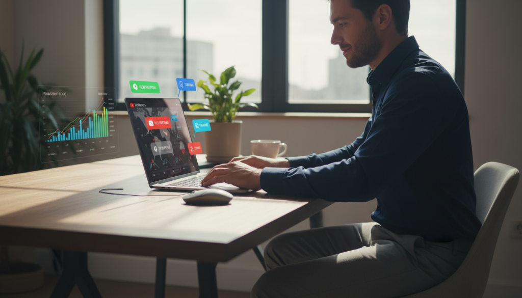 A modern digital workspace featuring a sleek laptop open on a wooden desk, displaying a dashboard of real-time YouTube mentions with colorful alerts popping up. In the foreground, an animated graph showcases analytics with vibrant hues. The middle ground reveals a focused, professional person wearing smart casual clothing, intently monitoring the screen, their expression reflecting engagement and curiosity. The background features a large window with soft daylight streaming in, illuminating the space and creating a warm, inviting atmosphere. Soft shadows accentuate the contours of the desk and the person, while the overall mood conveys a sense of active engagement and technological sophistication, ideal for tracking online presence instantly.