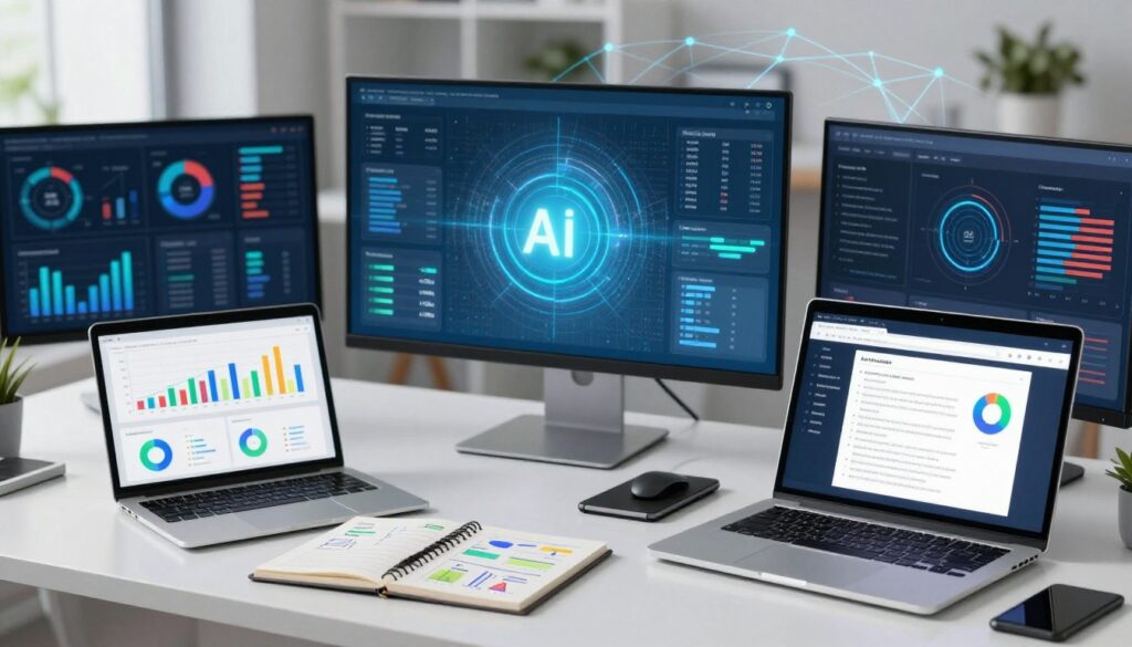 A modern digital workspace filled with various analytical tools and dashboards showcasing AI insights. In the foreground, a sleek laptop with an open display shows colorful graphs and prompts related to data analysis. On the desk beside it, an array of tools like charts, a tablet displaying competitive analysis software, and a notepad filled with strategies. The middle section of the image features a softly glowing screen reflecting data patterns and AI elements. The background has abstract representations of connectivity, with subtle light trails symbolizing data flow. The overall lighting is bright and professional, emanating from the screens, creating an inspiring atmosphere of innovation and technology in a collaborative workspace. A modern digital workspace filled with various analytical tools and dashboards showcasing AI insights. In the foreground, a sleek laptop with an open display shows colorful graphs and prompts related to data analysis. On the desk beside it, an array of tools like charts, a tablet displaying competitive analysis software, and a notepad filled with strategies. The middle section of the image features a softly glowing screen reflecting data patterns and AI elements. The background has abstract representations of connectivity, with subtle light trails symbolizing data flow. The overall lighting is bright and professional, emanating from the screens, creating an inspiring atmosphere of innovation and technology in a collaborative workspace.