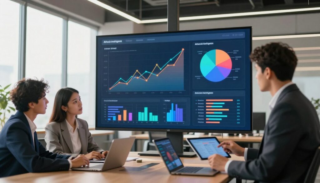 A modern office environment depicted in a dynamic way, focusing on a central, large digital screen displaying colorful graphs and statistics related to AI citation share. In the foreground, a group of three diverse professionals in business attire are engaged in discussion, analyzing data on a tablet. The middle layer features the digital screen with visual elements like line charts and pie graphs, representing optimization strategies in artificial intelligence. In the background, large windows allow natural light to flood the room, casting soft shadows that create a warm, collaborative atmosphere. The overall mood is one of focused teamwork and innovation, showcasing a blend of technology and strategic insight in a sleek, contemporary workspace.