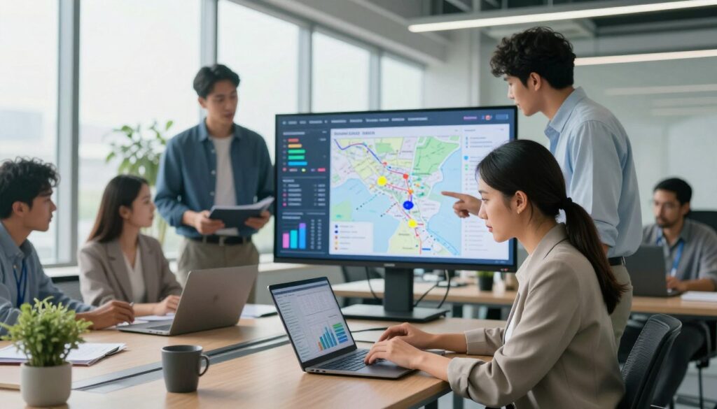 A modern office environment showcasing a diverse group of professionals measuring media coverage. In the foreground, a focused businesswoman in professional attire analyzes data on her laptop, while a businessman beside her examines a map of media reach displayed on a large screen. In the middle ground, a digital dashboard filled with charts and graphs illustrates AI visibility metrics. The background features large windows with natural light pouring in, creating a bright and optimistic atmosphere. The scene captures a sense of collaboration and innovation, emphasizing the importance of analytics in effective public relations. The camera angle is slightly elevated, providing a comprehensive view of the workspace.