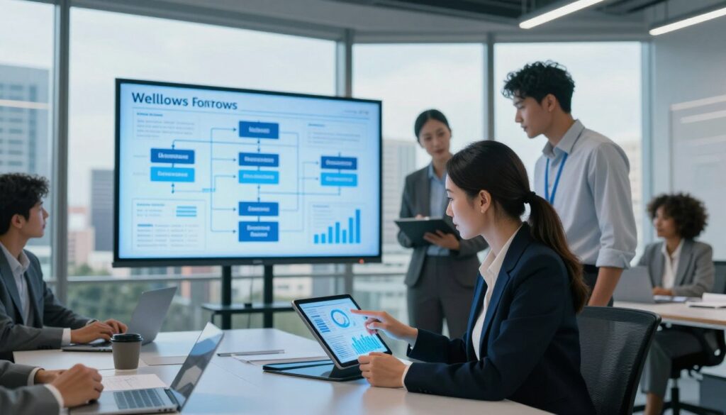 A modern office environment showcasing a team of diverse professionals in business attire collaborating over a digital tablet. In the foreground, a focused woman analyzes data insights, pointing to a glowing display filled with graphs and charts symbolizing visibility and operational workflows. In the middle, a large screen presents a flowchart of Wellows workflows, bathed in soft blue light that enhances the digital atmosphere. The background features a panoramic view of a bustling city skyline through large glass windows, casting natural daylight into the space. The overall mood is one of productivity and inspiration, emphasizing innovation in tracking and operationalizing insights. The image should be well-lit with a bright, optimistic feel, captured from a slightly angled perspective to convey depth and engagement.