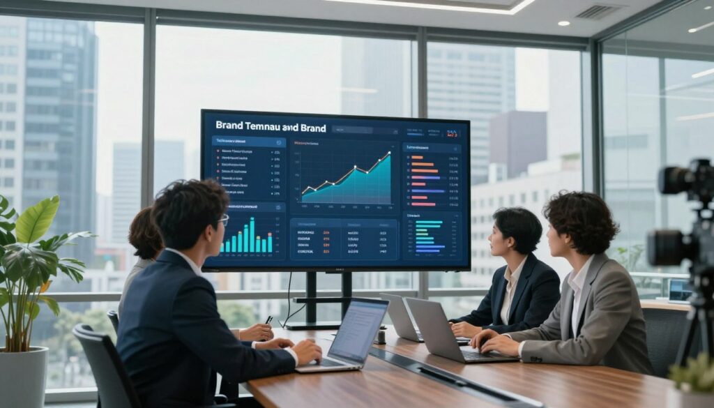 A modern office environment with a sleek, glass conference room in the foreground, featuring a diverse group of four professionals in business attire engaged in a vibrant discussion around a digital dashboard displaying real-time brand mentions, sentiment analysis graphs, and citation metrics. The middle section shows a large window revealing a bustling cityscape, symbolizing connectivity and visibility in the digital age. In the background, soft, natural light filters through the glass, creating a productive and optimistic atmosphere. Includes elements like potted plants and modern technology, complemented by a camera angle slightly low to emphasize the professionals' engagement and the visual tools they are using, capturing a sense of focus and collaboration in monitoring and analyzing brand presence.