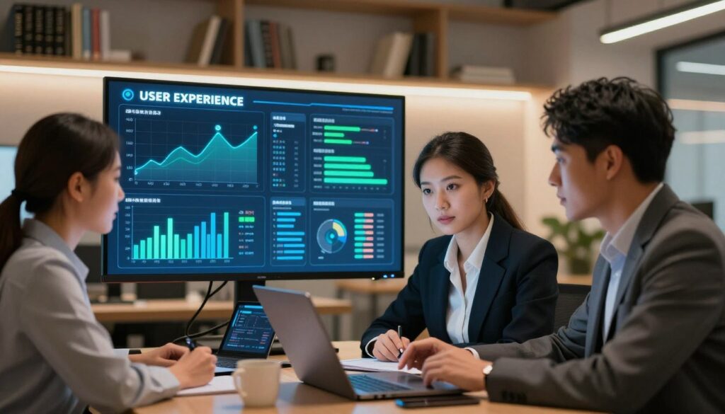A modern office setting illustrating the concept of "user experience" in AI-driven SEO. In the foreground, a diverse group of three professionals, dressed in smart business attire, attentively discussing analytics data on a laptop. The middle layer features a large digital screen displaying intricate SEO graphs and metrics, with glowing blue and green highlighted elements representing AI analysis. In the background, soft lighting creates a warm atmosphere, with shelves of books on ethics and technology, blending seamlessly into a high-tech workspace. The mood reflects collaboration, innovation, and a focus on the ethical aspects of AI, with a slight lens blur to emphasize the subjects in the foreground while maintaining a clear view of the background. A modern office setting illustrating the concept of "user experience" in AI-driven SEO. In the foreground, a diverse group of three professionals, dressed in smart business attire, attentively discussing analytics data on a laptop. The middle layer features a large digital screen displaying intricate SEO graphs and metrics, with glowing blue and green highlighted elements representing AI analysis. In the background, soft lighting creates a warm atmosphere, with shelves of books on ethics and technology, blending seamlessly into a high-tech workspace. The mood reflects collaboration, innovation, and a focus on the ethical aspects of AI, with a slight lens blur to emphasize the subjects in the foreground while maintaining a clear view of the background.