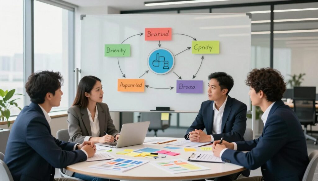 A modern office setting reflecting a vibrant yet professional atmosphere. In the foreground, a diverse group of four professionals—two men and two women—dressed in smart business attire, engaging in an animated discussion around a large, round table filled with branding materials, charts, and sticky notes. The middle ground showcases a large translucent whiteboard displaying colorful brand entity diagrams and key concepts, with arrows connecting them to symbolize relationships. In the background, large windows let in natural light, illuminating the space and creating a sense of openness. The mood is collaborative and innovative, with an emphasis on defining identity and strategic vision. The angle captures the circular table from a slightly elevated view for a comprehensive perspective.