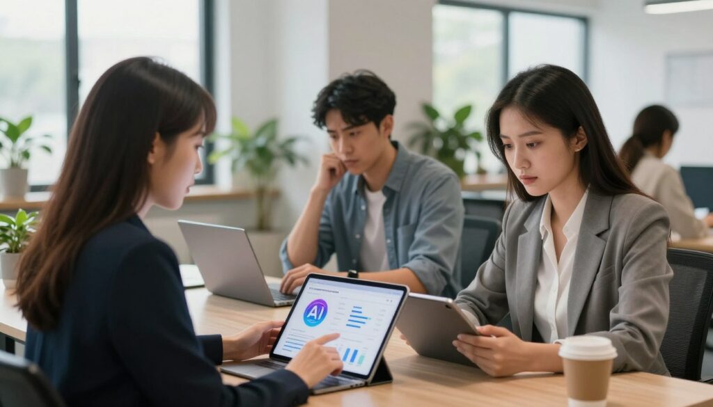 A modern office space featuring diverse users engaged in reading AI overviews on sleek digital devices. In the foreground, a young woman in professional business attire sits at a desk, intently analyzing her tablet's screen. The middle ground showcases a male colleague in modest casual clothing, reviewing AI statistics on a laptop, with an expression of curiosity and slight skepticism. In the background, large windows allow soft, natural light to flow in, illuminating the airy room filled with plants and minimalist decor. The atmosphere is one of focused inquiry, blending motivation and contemplation as these users navigate the complexities of AI information. The lens captures an inviting depth of field, emphasizing the users' expressions against the harmonious backdrop.