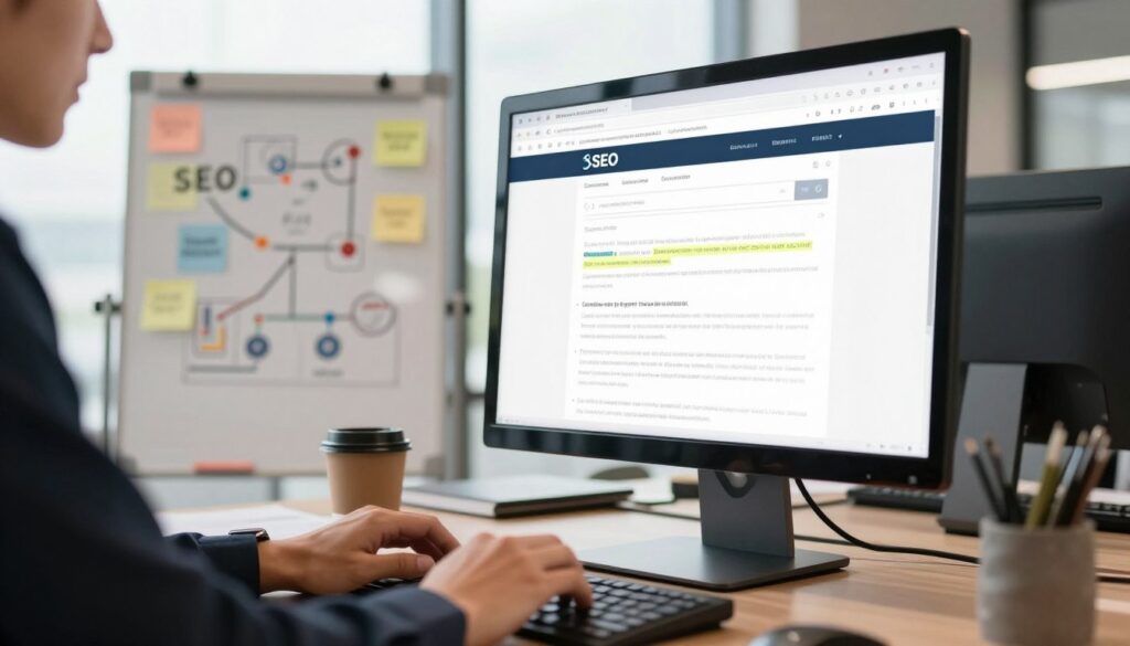 A modern office workspace focusing on a computer screen displaying a web page with a highlighted URL section. In the foreground, include a person's hands typing on the keyboard, wearing professional attire, showcasing a sense of productivity and professionalism. The middle ground features a whiteboard filled with sticky notes and diagrams about SEO strategies and content republishing methods, with a cup of coffee beside it. The background should show a large window allowing natural light to flood the room, creating a warm and inviting atmosphere. Use soft lighting to give a polished and sophisticated look, and an angle that captures both the desktop and the whiteboard. Aim for a mood of collaboration and innovation, reflecting the process of updating digital content effectively. A modern office workspace focusing on a computer screen displaying a web page with a highlighted URL section. In the foreground, include a person's hands typing on the keyboard, wearing professional attire, showcasing a sense of productivity and professionalism. The middle ground features a whiteboard filled with sticky notes and diagrams about SEO strategies and content republishing methods, with a cup of coffee beside it. The background should show a large window allowing natural light to flood the room, creating a warm and inviting atmosphere. Use soft lighting to give a polished and sophisticated look, and an angle that captures both the desktop and the whiteboard. Aim for a mood of collaboration and innovation, reflecting the process of updating digital content effectively.