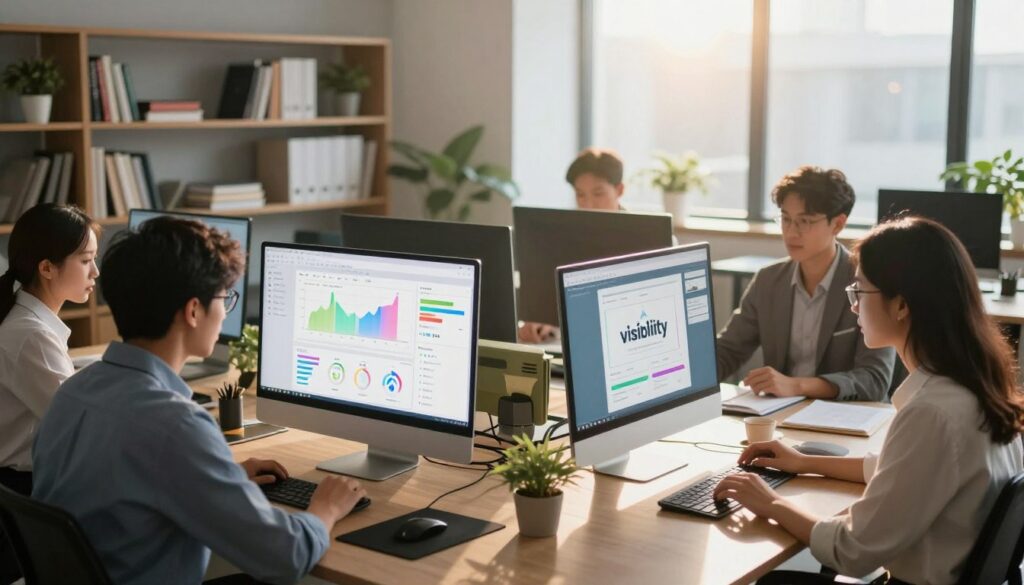 A modern office workspace showcasing a side-by-side comparison of various visibility tools on sleek computer screens. In the foreground, a diverse team of professionals—two men and two women—are analyzing the data, dressed in professional business attire. The middle layer features high-resolution screens displaying colorful graphs, analytics dashboards, and logos of popular visibility tools, positioned on stylish desks. In the background, shelves lined with books and plants add a touch of life to the environment. Soft, natural light streams in from a large window, casting a warm glow, while a lens flare subtly enhances the atmosphere, suggesting collaboration and innovation. The overall mood is focused and dynamic, reflecting a team engage in strategic discussion. A modern office workspace showcasing a side-by-side comparison of various visibility tools on sleek computer screens. In the foreground, a diverse team of professionals—two men and two women—are analyzing the data, dressed in professional business attire. The middle layer features high-resolution screens displaying colorful graphs, analytics dashboards, and logos of popular visibility tools, positioned on stylish desks. In the background, shelves lined with books and plants add a touch of life to the environment. Soft, natural light streams in from a large window, casting a warm glow, while a lens flare subtly enhances the atmosphere, suggesting collaboration and innovation. The overall mood is focused and dynamic, reflecting a team engage in strategic discussion.