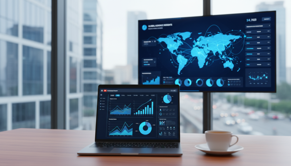 A modern office workspace showcasing engagement analytics for YouTube. In the foreground, a polished wooden desk with a sleek laptop displaying colorful graphs and statistics related to video performance metrics. A coffee cup sits beside the laptop, reflecting a cozy yet productive atmosphere. In the middle ground, a large wall-mounted digital screen shows dynamic data visualizations, including viewer demographics and engagement rates, illuminated by soft blue lighting. In the background, a bright window lets in natural light, blending with urban elements outside to create an inspiring environment. The overall mood is analytical and focused, conveying professionalism and insight into data-driven decision-making.