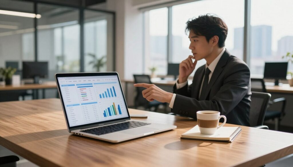 A modern, well-lit office space with a large wooden desk in the foreground, featuring a laptop displaying a data analytics dashboard. A notepad and a cup of coffee are casually placed beside the laptop. In the middle ground, a professional individual in smart business attire is engaged in thoughtful analysis, pointing at a graph on the screen. The background shows large windows with natural light streaming in, revealing a city skyline. The atmosphere is focused and productive, evoking a sense of optimization and strategic thinking. The lighting is warm and inviting, emphasizing a sense of clarity and insight in the workspace. A modern, well-lit office space with a large wooden desk in the foreground, featuring a laptop displaying a data analytics dashboard. A notepad and a cup of coffee are casually placed beside the laptop. In the middle ground, a professional individual in smart business attire is engaged in thoughtful analysis, pointing at a graph on the screen. The background shows large windows with natural light streaming in, revealing a city skyline. The atmosphere is focused and productive, evoking a sense of optimization and strategic thinking. The lighting is warm and inviting, emphasizing a sense of clarity and insight in the workspace.