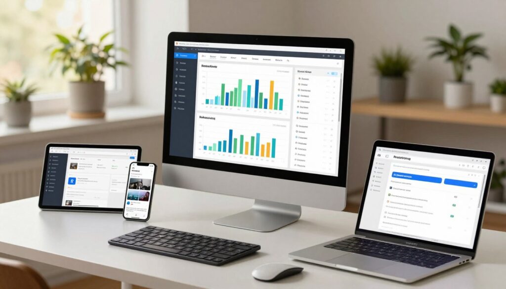 A modern workspace depicting a sleek desk setup designed for web monitoring tasks. In the foreground, a high-resolution computer monitor displays analytics dashboards filled with graphs and metrics about brand mentions. Beside the monitor, a laptop with alerts and notifications visible on its screen. In the middle ground, various tools such as a smartphone showing social media feeds and a tablet displaying brand tracking software, all in a clean, organized fashion. The background features a softly blurred room with plants for a touch of nature, illuminated by warm, natural light filtering through a window. The mood is focused and innovative, reflecting a professional yet inviting atmosphere ideal for digital marketing and SEO monitoring.