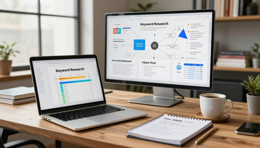A modern workspace focused on keyword research, featuring a large wooden desk cluttered with digital marketing tools. In the foreground, a high-end laptop displays colorful graphs and keyword lists on its screen. Next to the laptop, a notepad filled with handwritten notes about user intent and search behavior. A cup of coffee adds a touch of warmth to the scene. The middle ground reveals a wall filled with mind maps and charts illustrating the evolution from volume-first to intent-first keyword strategies. Natural light filters in from a large window, creating a bright and inspiring atmosphere. The background subtly showcases shelves filled with SEO books and resources. The overall mood should be professional yet inviting, symbolizing the transformation of keyword research in the digital age.