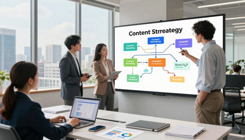 A modern workspace illustrating content strategy for digital growth. In the foreground, a diverse group of three professionals in business attire are collaborating over a large digital whiteboard displaying colorful diagrams and flowcharts related to content marketing and ChatGPT strategies. In the middle, a sleek desk with laptops, smartphones, and analytics reports highlighting website traffic data and user engagement metrics. The background features large windows showcasing a cityscape under a sunny sky, symbolizing opportunity and growth. Soft, natural lighting floods the room, creating a vibrant and inspiring atmosphere. Capture the scene from a slightly elevated angle to emphasize teamwork and innovation, while maintaining a professional tone throughout the image. A modern workspace illustrating content strategy for digital growth. In the foreground, a diverse group of three professionals in business attire are collaborating over a large digital whiteboard displaying colorful diagrams and flowcharts related to content marketing and ChatGPT strategies. In the middle, a sleek desk with laptops, smartphones, and analytics reports highlighting website traffic data and user engagement metrics. The background features large windows showcasing a cityscape under a sunny sky, symbolizing opportunity and growth. Soft, natural lighting floods the room, creating a vibrant and inspiring atmosphere. Capture the scene from a slightly elevated angle to emphasize teamwork and innovation, while maintaining a professional tone throughout the image.