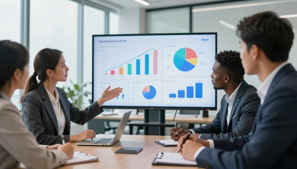 A professional business meeting taking place in a modern office environment, where diverse professionals—two men and two women—analyze data visuals displayed on a large screen. In the foreground, a Caucasian woman in a smart business suit gestures towards the screen, while a Black man in a tailored suit takes notes, both engaged in discussion. In the middle, a diverse set of colorful charts illustrating drop in clicks and CTR, reflecting a critical evaluation of AI overviews. The background features a sleek office with floor-to-ceiling windows, soft natural light illuminating the scene, creating a focused atmosphere. Depth of field should soften the background slightly, emphasizing the serious expressions and engagement of the foreground participants, highlighting the impact of AI on decision-making. A professional business meeting taking place in a modern office environment, where diverse professionals—two men and two women—analyze data visuals displayed on a large screen. In the foreground, a Caucasian woman in a smart business suit gestures towards the screen, while a Black man in a tailored suit takes notes, both engaged in discussion. In the middle, a diverse set of colorful charts illustrating drop in clicks and CTR, reflecting a critical evaluation of AI overviews. The background features a sleek office with floor-to-ceiling windows, soft natural light illuminating the scene, creating a focused atmosphere. Depth of field should soften the background slightly, emphasizing the serious expressions and engagement of the foreground participants, highlighting the impact of AI on decision-making.