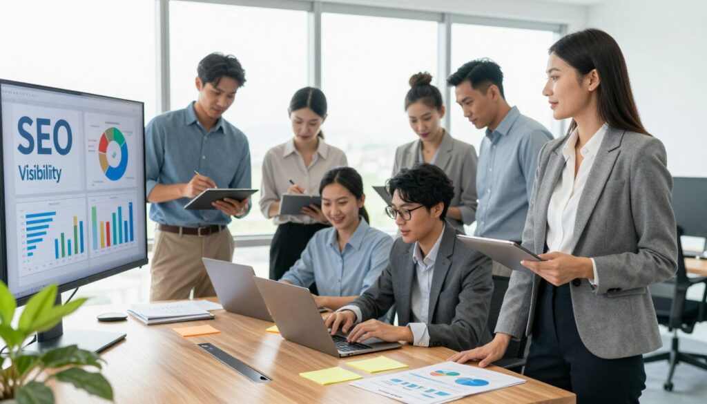 A professional office setting showcasing a diverse team of businesspeople engaged in an animated discussion about SEO strategies. In the foreground, a confident woman in business attire stands by a large screen displaying colorful graphs and charts related to SEO visibility. In the middle ground, a diverse group of professionals, including a man and another woman both in smart casual clothing, are collaborating over laptops and digital devices, surrounded by notes and documents. The background features a bright, modern office with large windows letting in natural light, creating a vibrant and optimistic atmosphere. The scene conveys an air of creativity and teamwork, emphasizing the importance of optimization and content strategy in achieving online visibility.