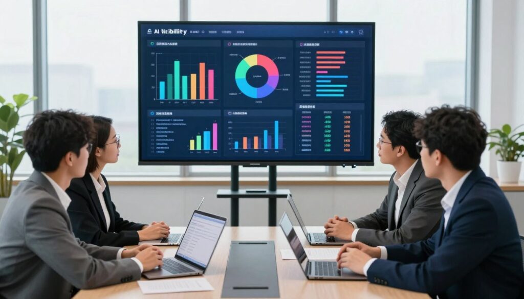 A professional office setting with a large screen displaying various multi-colored graphs and analytics related to AI search visibility. In the foreground, a diverse group of three individuals, dressed in smart business attire, are engaged in discussion, analyzing the data. The middle layer features a sleek conference table with laptops open, showing prompt lists and performance metrics. The background includes large windows allowing natural light to flood the room, creating a bright and inviting atmosphere. The overall mood is focused and analytical, emphasizing collaboration in monitoring AI visibility prompts. The lighting is soft yet bright, highlighting the seriousness of the discussion, and the angle captures the group from slightly above, offering a comprehensive view of their engagement with the data.