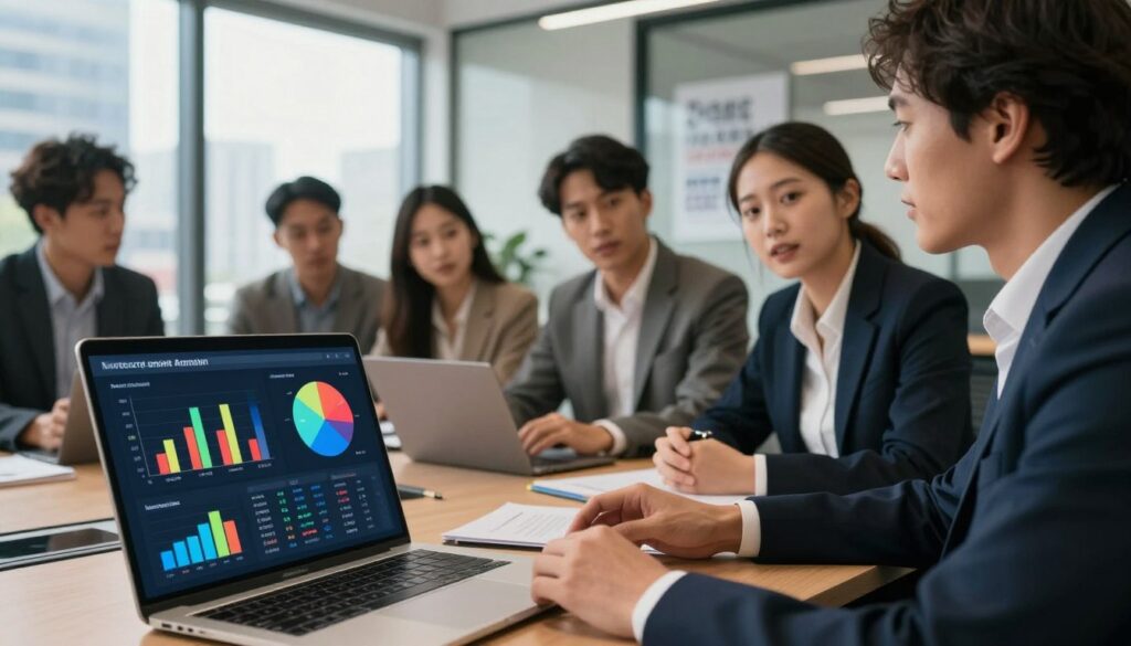 A professional setting showcasing a digital dashboard for mentions sentiment analysis. In the foreground, a sleek laptop displaying colorful graphs and pie charts emphasizing positive, neutral, and negative sentiment analysis metrics. In the middle, a group of diverse business professionals in smart attire, engaging in discussion, analyzing the data with expressions of curiosity and concentration. The background features modern office elements like a glass window with a cityscape view and motivational posters, enhancing the atmosphere of innovation and technology. Soft, natural lighting streaming through the window creates a warm and inviting mood. The image is taken from a slightly elevated angle, providing a comprehensive view of the interaction between the team and the data.